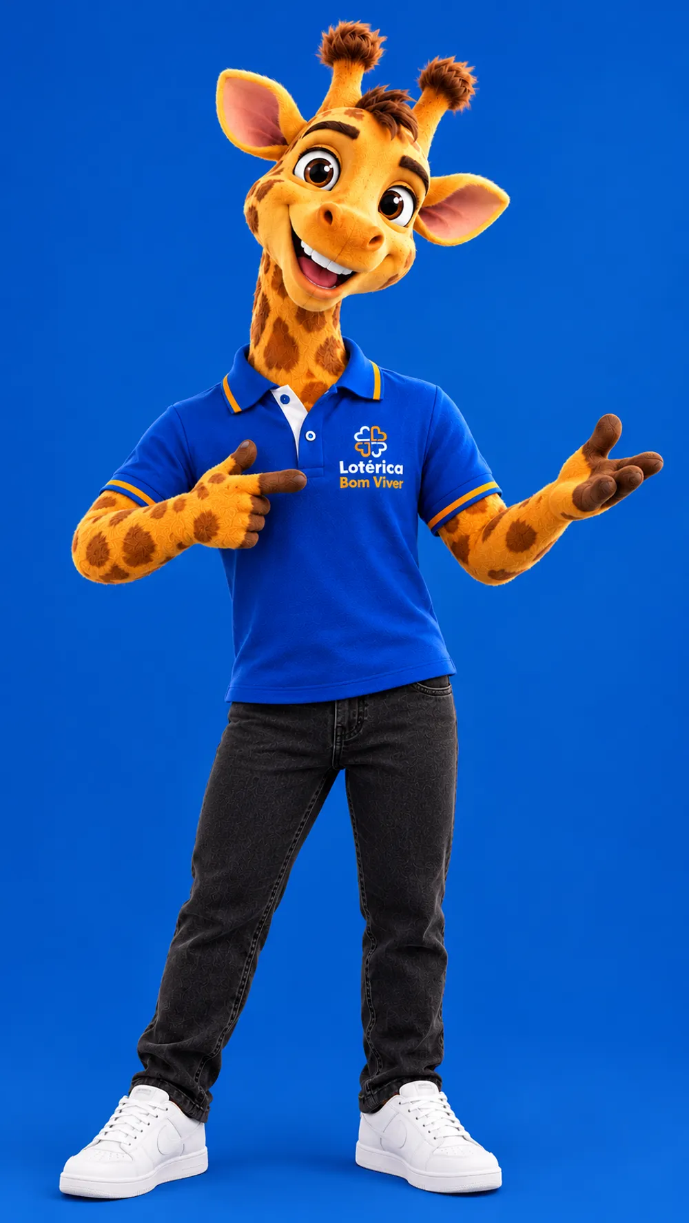 Girafa mascote apontando para os passos do bolão