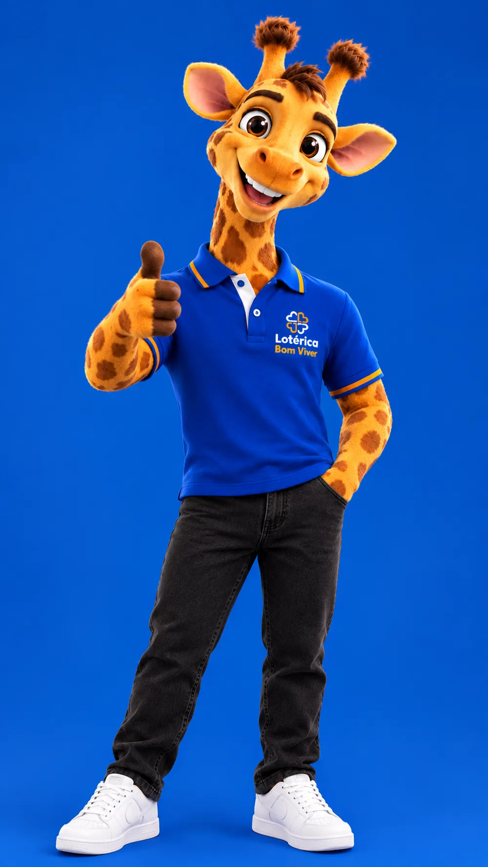 Girafa mascote da Lotérica Bom Viver fazendo joinha